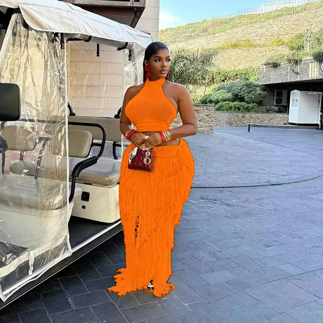 Crochet Knit Maxi Dress 2 Piece Skirt Sets 2026 Women Sexy Knitted Tassel Fringe Dress Elegant Two Piece Sets Outfit Knitwear view 5