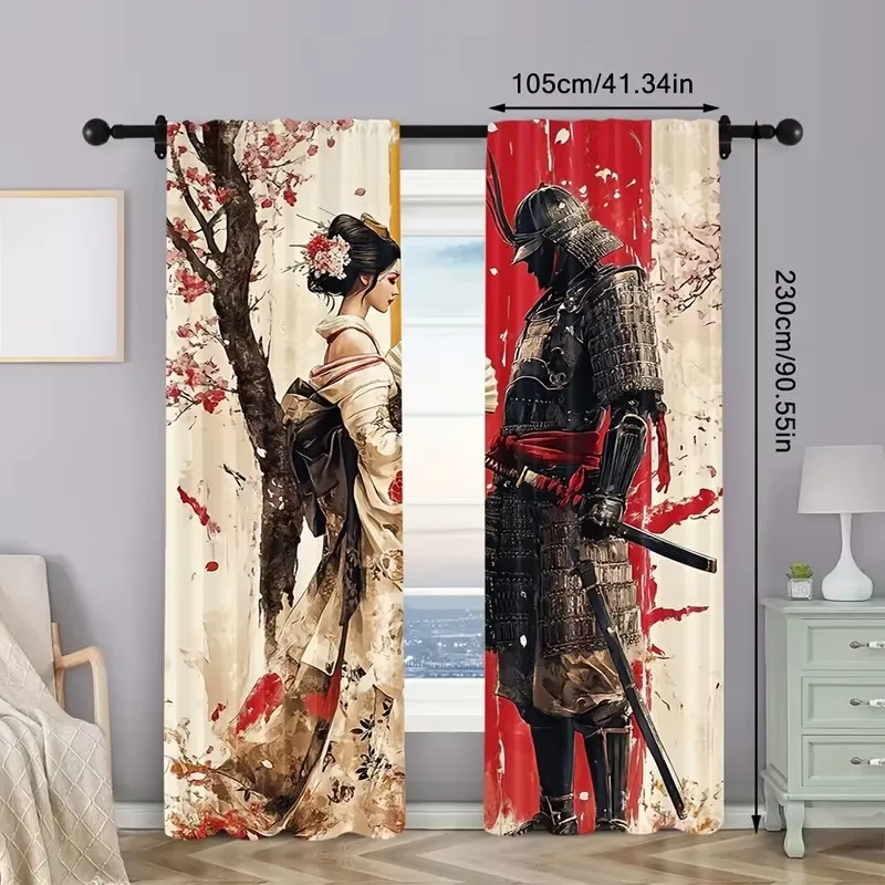 2pcs Japanese Samurai Kimono Curtains, Retro Design, Cherry Blossom Pattern, Washable, Suitable for Kitchen and Bedroom.