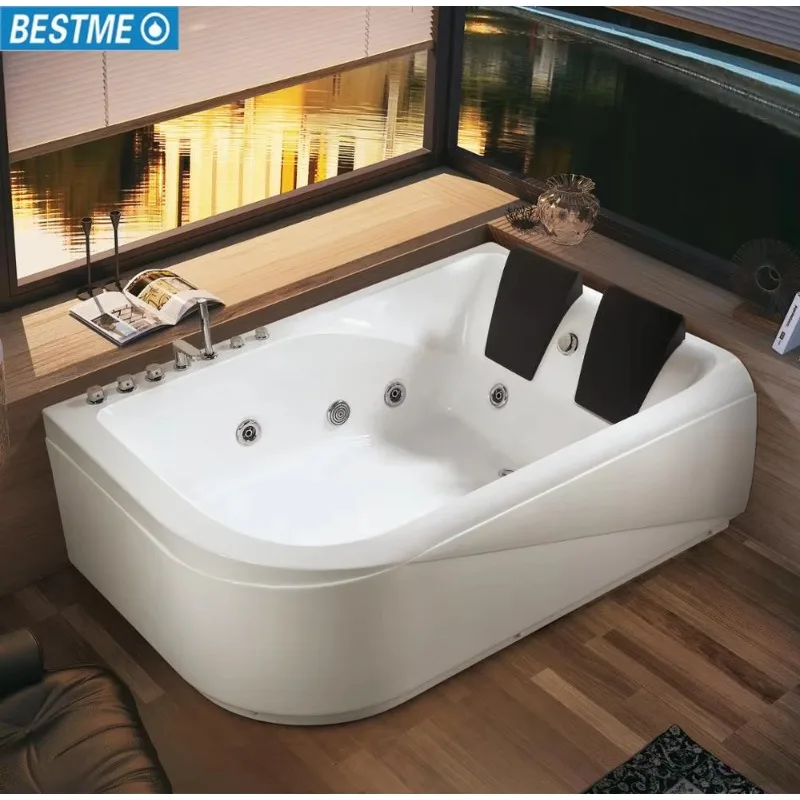 Standard Material Corner Whirlpool Double Person Pillow Bath Tub Fiberglass Hot Soaking Tub Freestanding Handle Spa Bathtub
