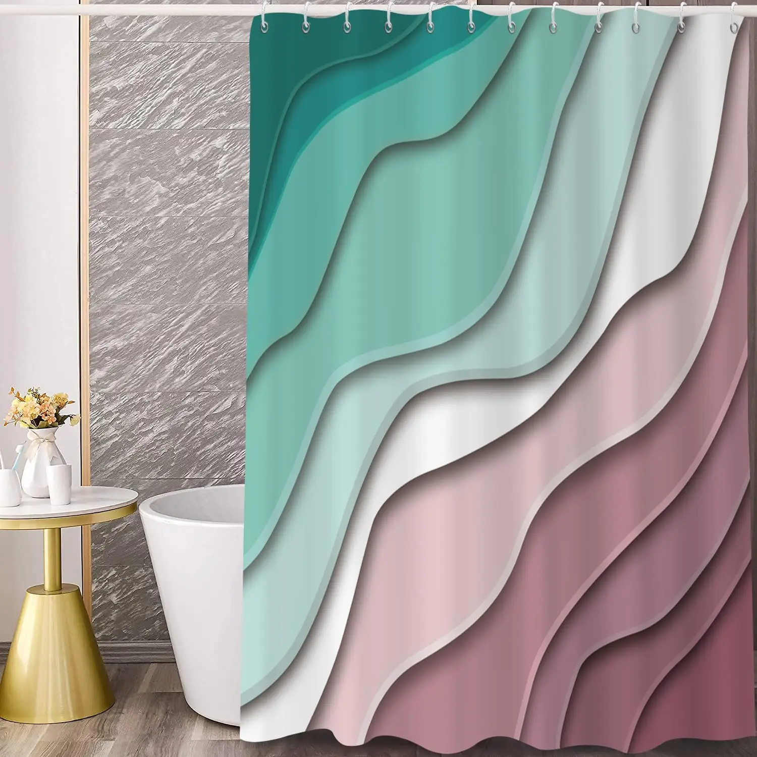 

Green and Plum Purple Ombre Aqua Beach Waves Abstract Ocean Modern Bathroom Curtain Home Decor Waterproof Fabric Machine