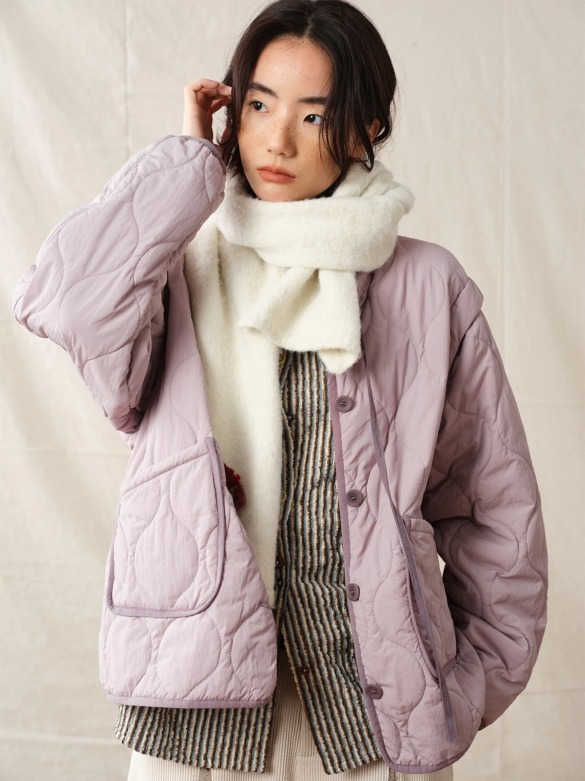 

Octopusme Double-Sided Wearable Lightweight Long Sve Cotton Jaet Women's Detachable Herringbone Patterned Commute Sle