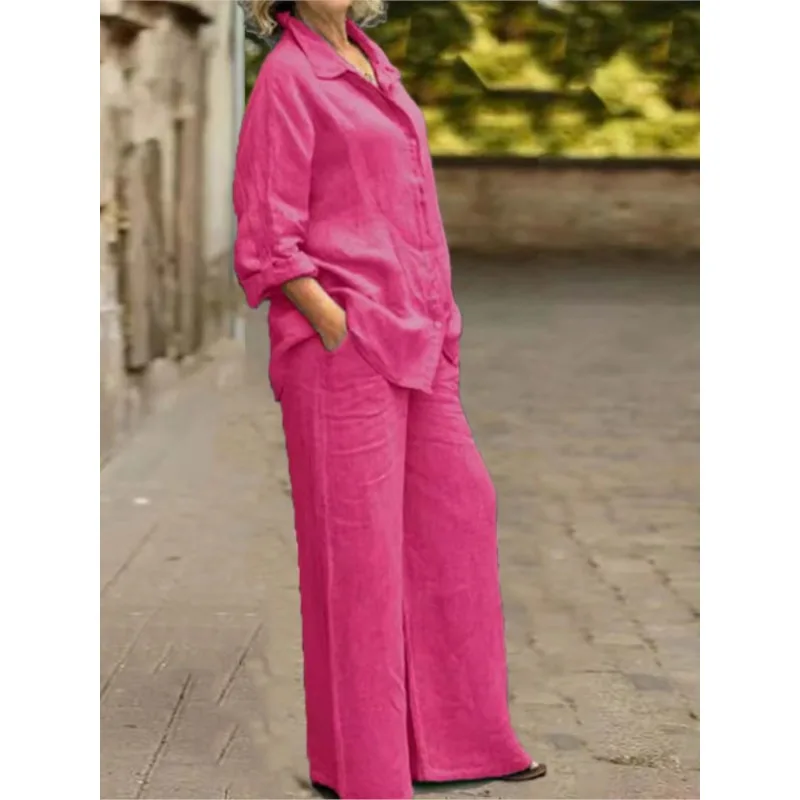 Fashion Cotton Linen Shirt Long Sleeved Women's Set Solid Autumn Loose Linen Wide Leg Trousers Female Office 2piece Set