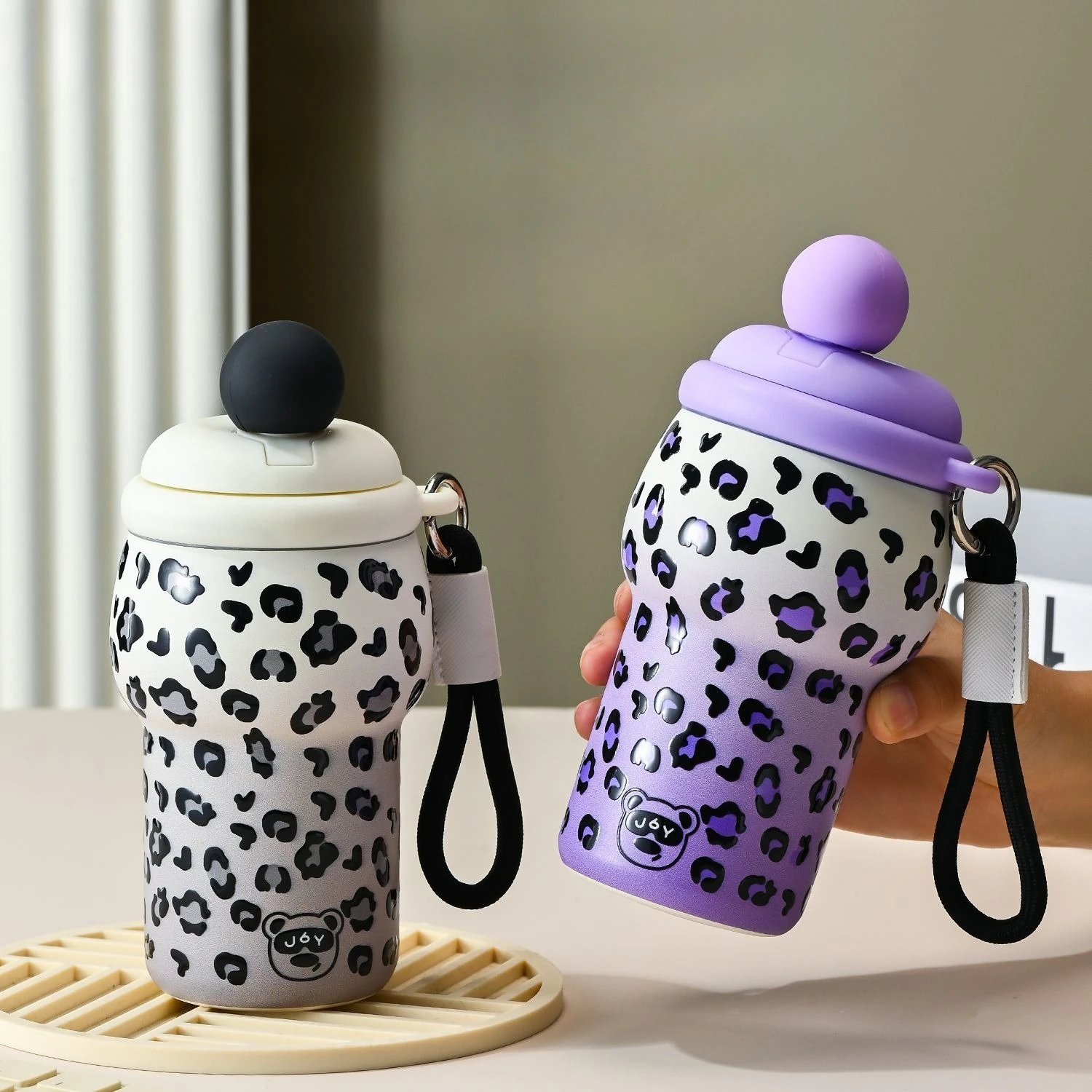 

Термос с леопардовым принтом, чашка для латте, нержавеющая сталь 316L, студенческая дорожная чашка с открытой крышкой, чашка для воды, кофейный термос, посуда для напитков