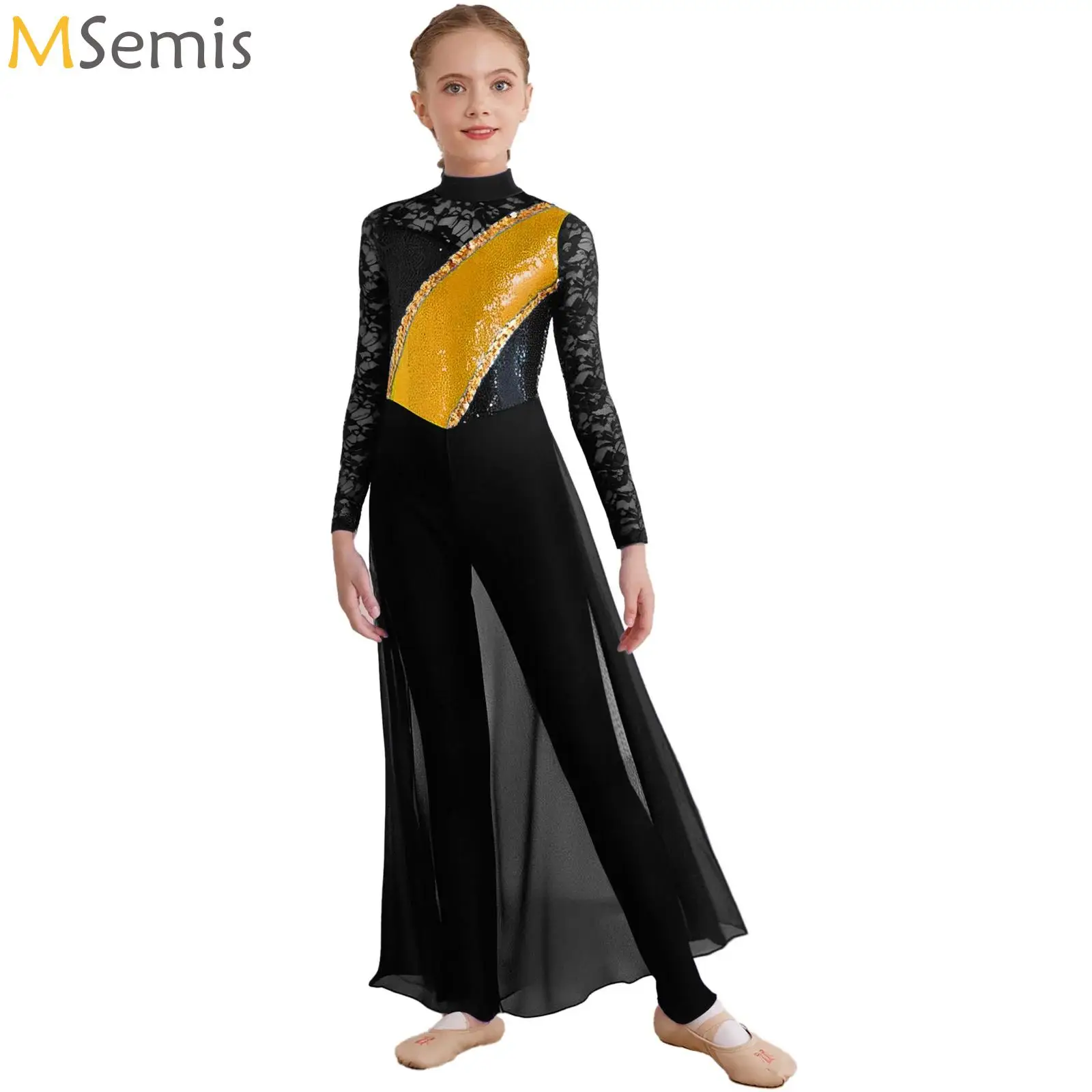 

Kids Girls Classical Modern Dance Dress Rhythmic Gymnastics Figure Skating Jumpsuit Sheer Floral Lace Long Sleeve Chiffon Romper