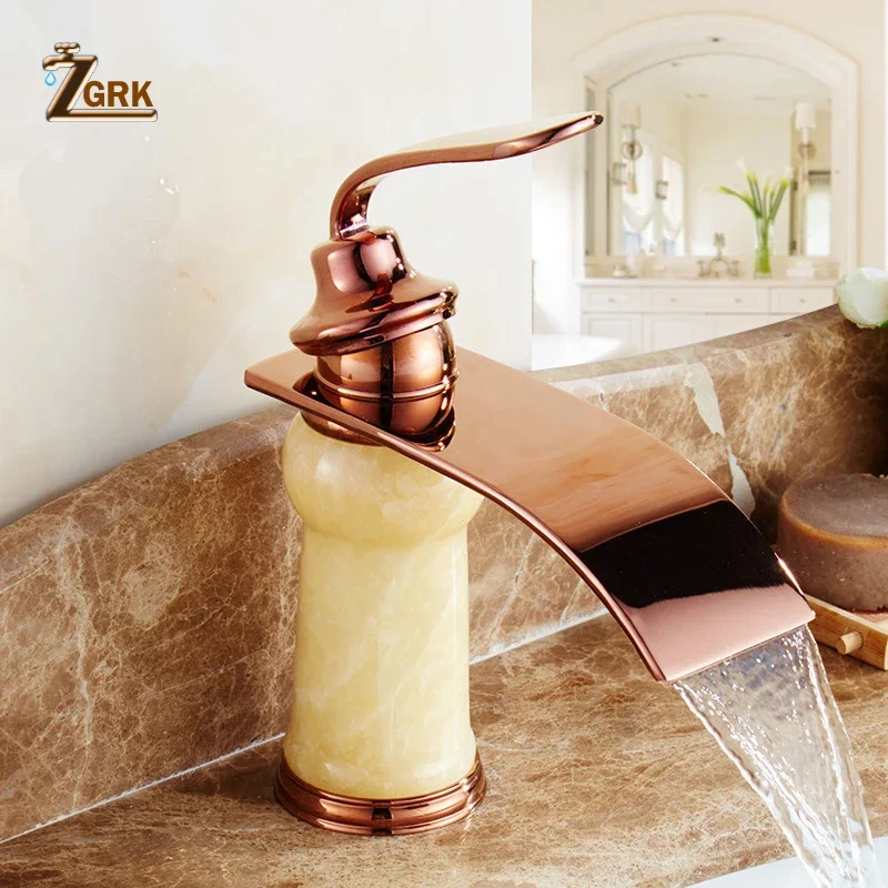 ZGRK Rose Golden Waterfall Bathroom Sink Faucet Luxury Jade Basin Mixer Faucets Retro Deck Mounted Basin Taps Torneira