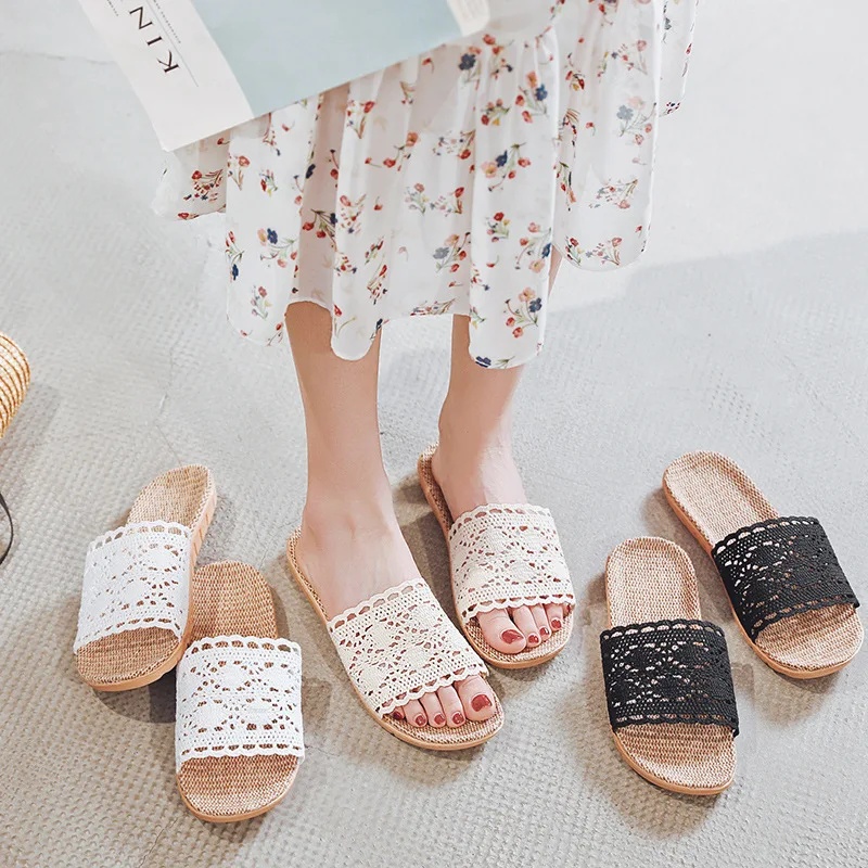 

Rattan Weaving Hemp Slippers Spring And Summer New Flax Slippers Women's Home Fashion Indoor Antiskid Couples Wooden Floor