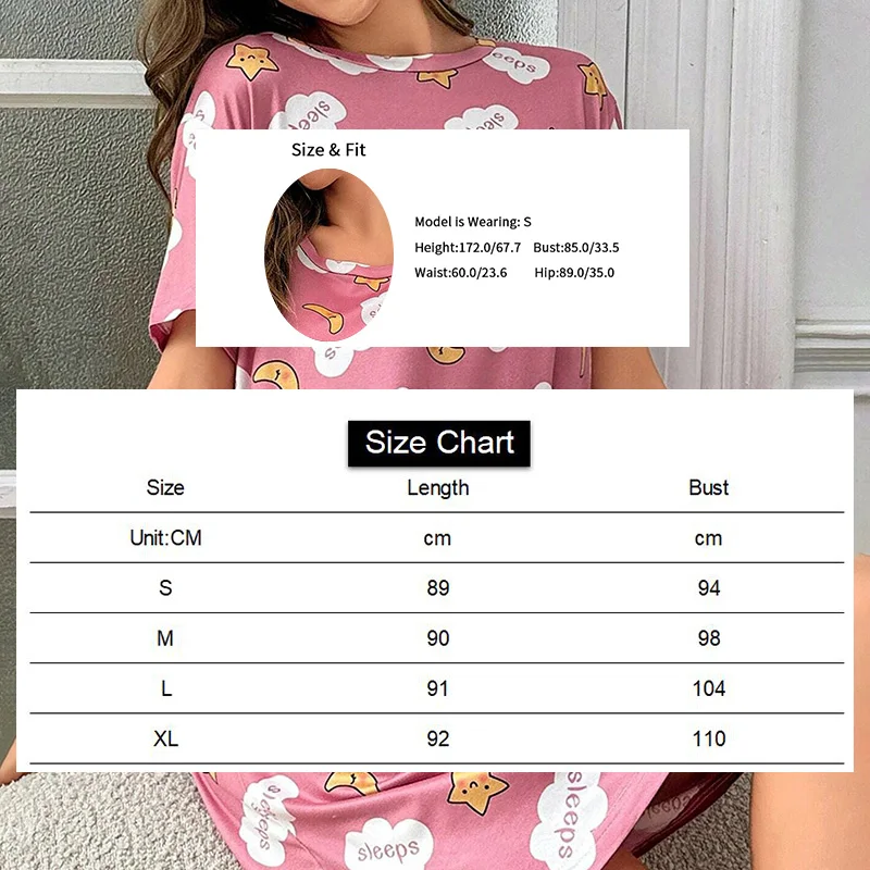 Womens Cartoon Pattern Print Nightgown Summer Short Sleeve Nightdress Loungewear Loose Breathable Sleepwear Home Clothes Pyjamas