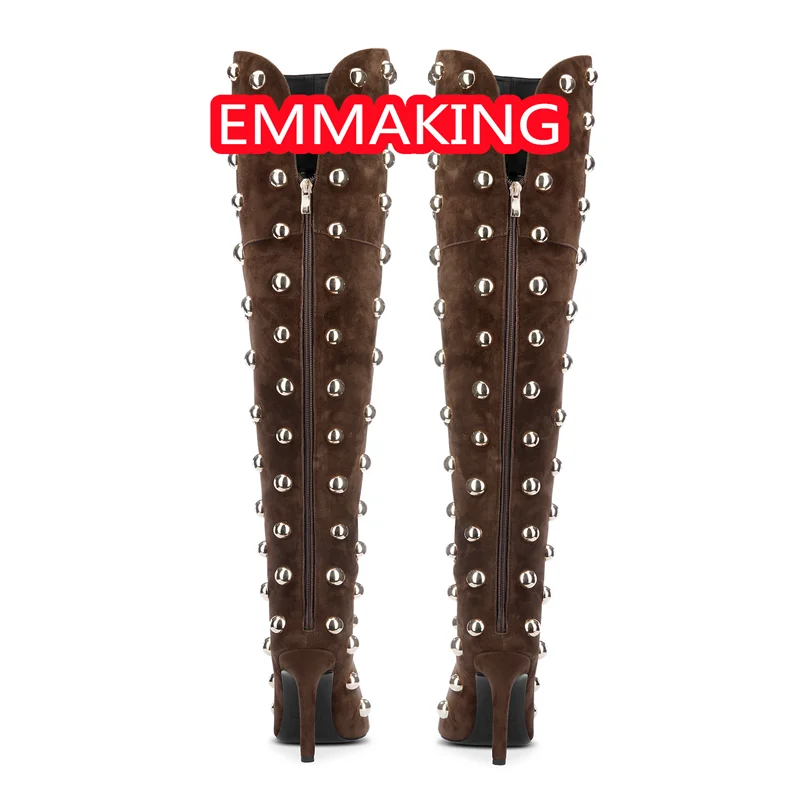 المدرج القهوة ريفيتس خنجر النساء الشتاء أحذية طويلة 2024 أشار تو موضة جديدة روما حفلة شيء أحذية عالية أحذية الزفاف #3
