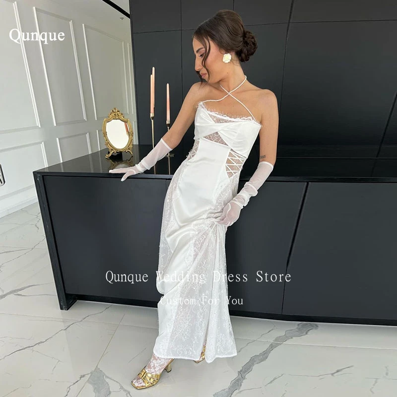 

Qunque Boho Mermaid Wedding Dresses Bling Lace Bridal Gowns Sexy Sleeveless With Pearls Straps Vestidos Para Mujer Customized