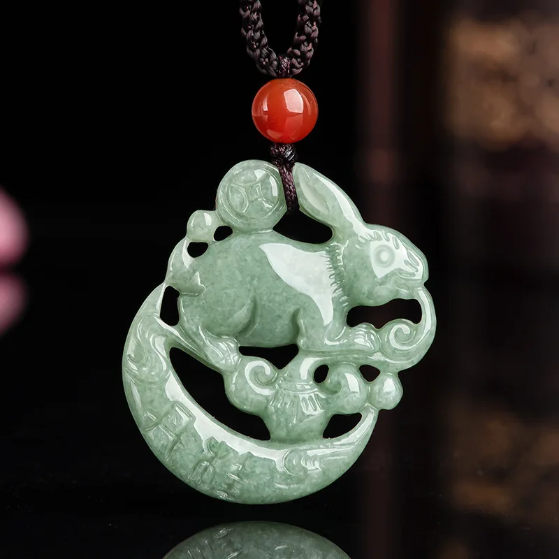 Natural A-grade jade ice seed jade zodiac rabbit pendant men's and women's pendant gift giving Protective gift