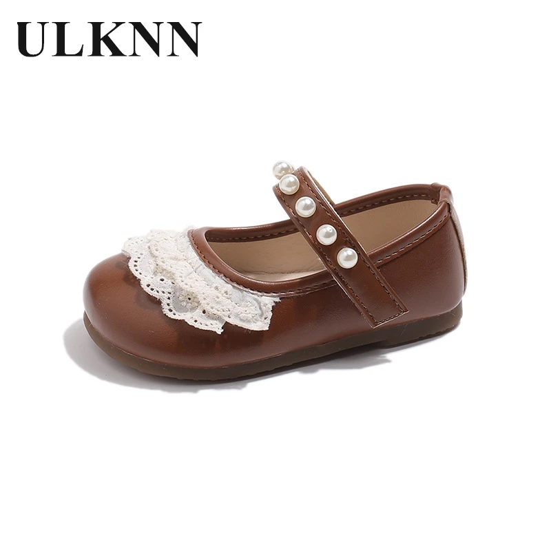 Children's Brown Leather Shoes 2025 Girl Students Lace Edge Soft Soled Princess Shoes Baby Kids White Flat Single Shoes