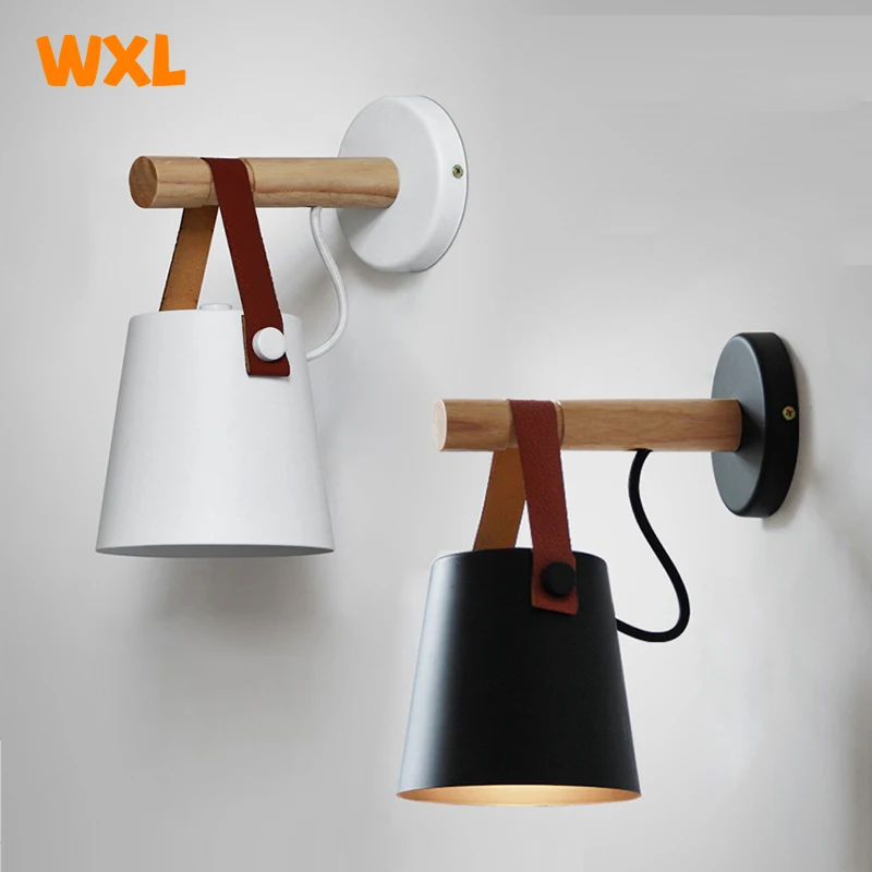 Modern LED Wall Lamp Bedroom Bedside Living Room Nordic Belt Wooden Wall Lamp E27 110-240V Black White