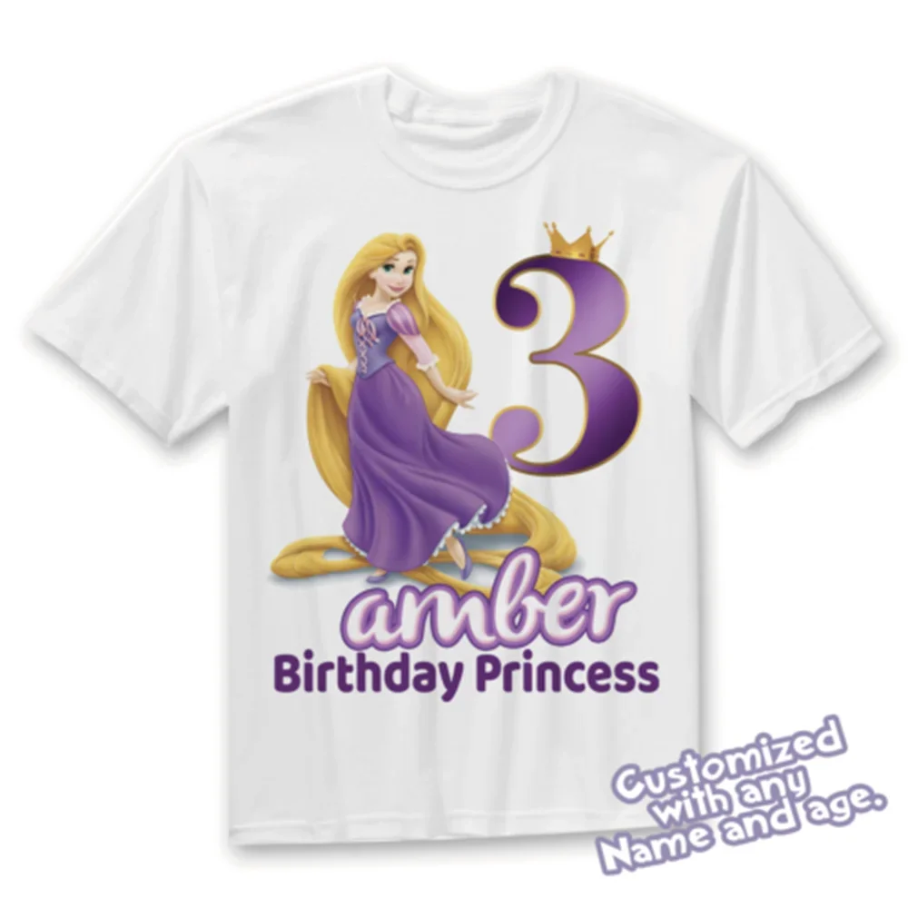 Tangled anime Rapunzel cotton printed top, birthday gift for boys and girls, summer party clothing, parent-child T-shirt