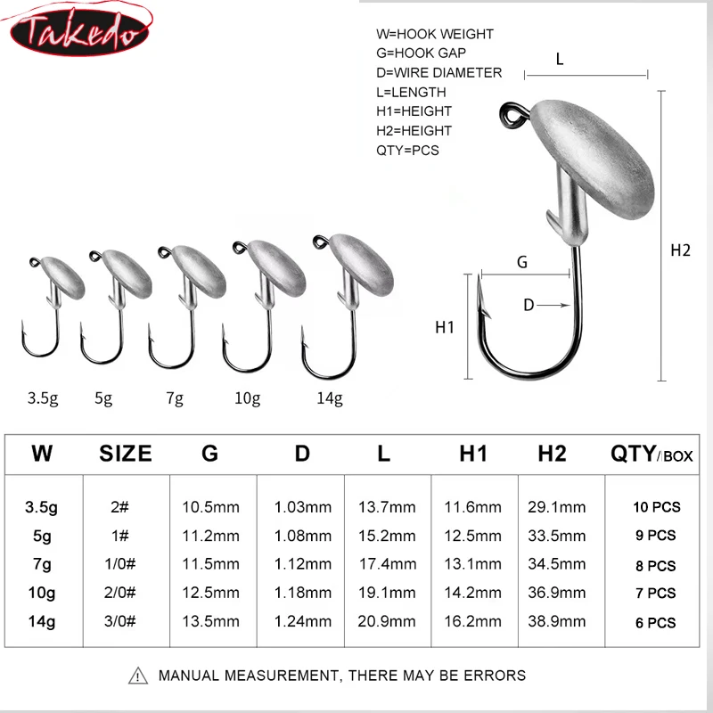 TAKEDO 1 BOX FD12 Metal Head Hook 3.5G 5G 7G 10G 14G Blood Slot Jig Tumbler Fishhook With Soft Lure Fishing Tackle Accessorie