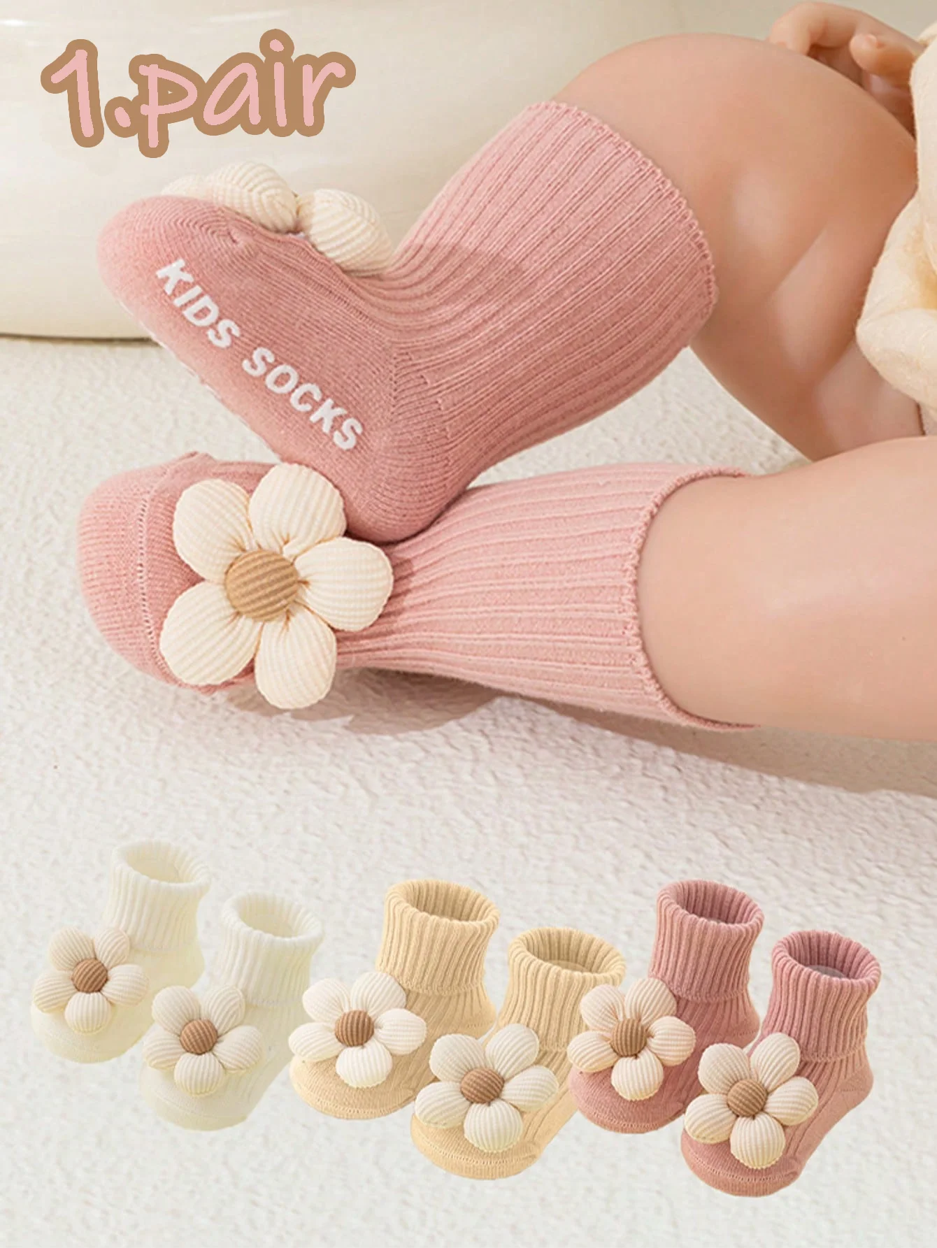 1 Pair of Baby Girls Mid Tube Floor Socks with Flowers Decoration, Soft Anti-Slip Ankle Socks for Toddlers 0-36 Months Daily Wear