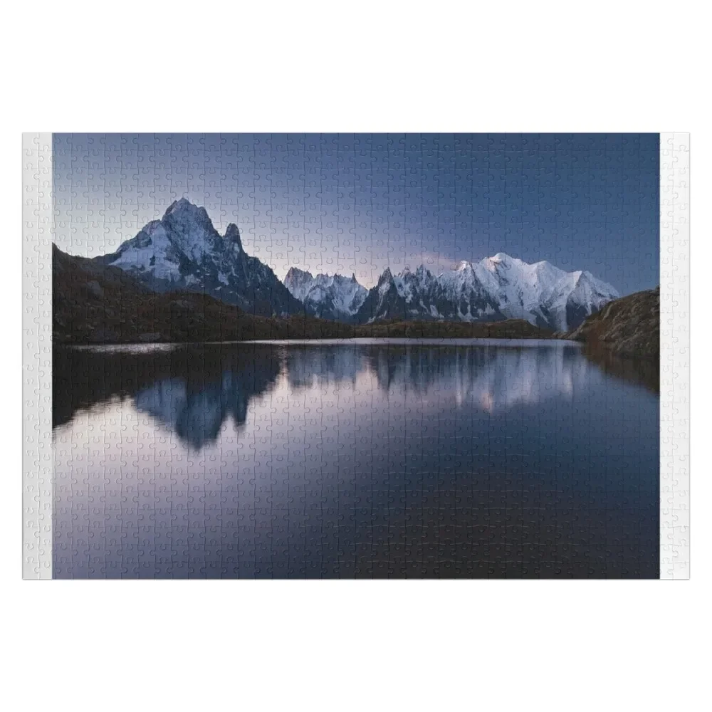 Mount Mont Blanc covered in the snow reflecting on the water in the evening in Chamonix, France Jigsaw Puzzle Wood Name Puzzle