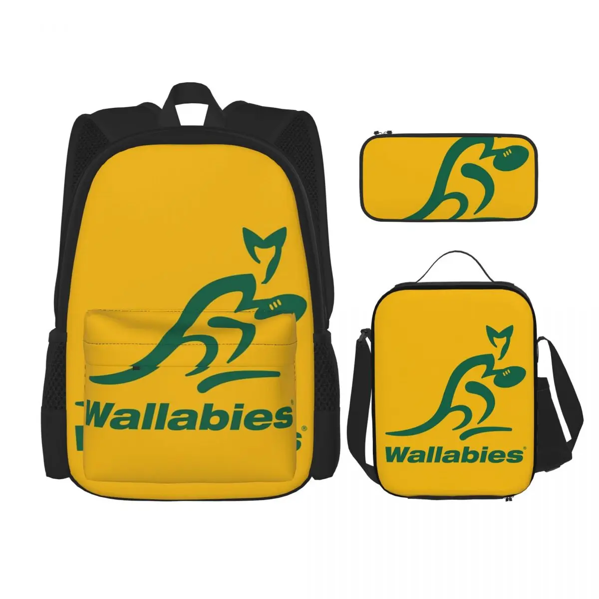 

Australia Rugby Wallabies Yellow Wallaby Backpacks Boys Girls Bookbag School Bags Rucksack Lunch Bag Pen Bag Three-Piece Set