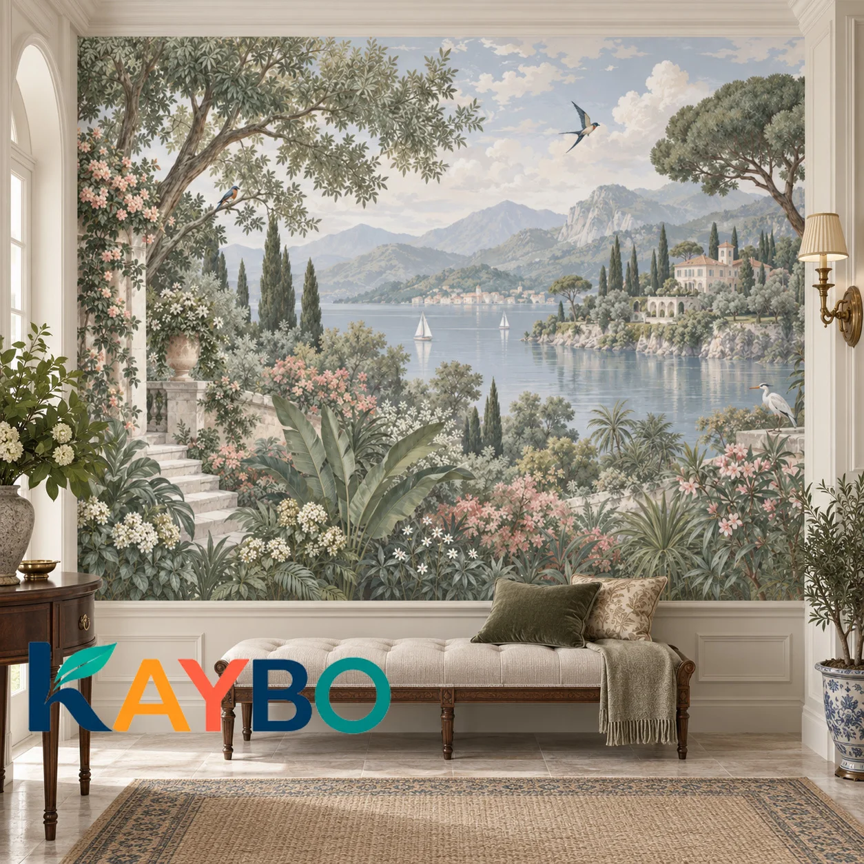 Mediterranean Wall Mural Lake Villa Garden Scenic Landscape Vintage Botanical Living Room Home Decor Wallpaper Non Self Adhesive