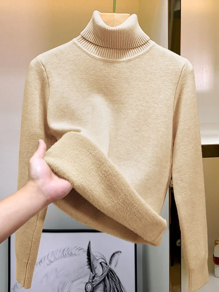 Fall Winter Knit Turtleneck Sweater Korean Thicken Velvet Lined Sueter Knitwear Pullover Women Warm Slim Jersey Tops Jumper New