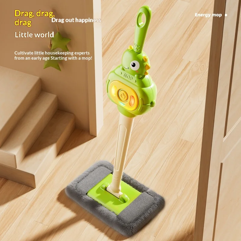 Cartoon Dinosaur Pretend Play Mop Toy Simulated Cleaning Tool Interactive Household Role Play Game For Indoor Daily Scene