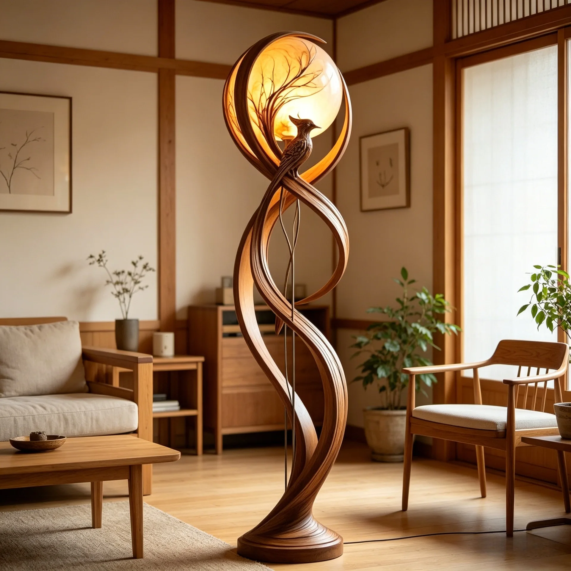 Wood grain ball-wrapped bird floor lamp tea room corner display zen soft decoration lamp
