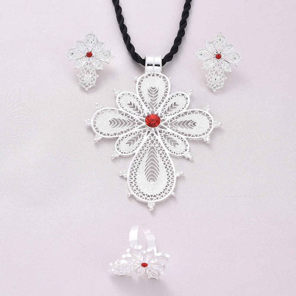 Silver Plated New Fashion Retro Zircon Pendant Necklace Earrings Ring Silver Color Charm Jewelry Sets African Arab Jewelry Gifts