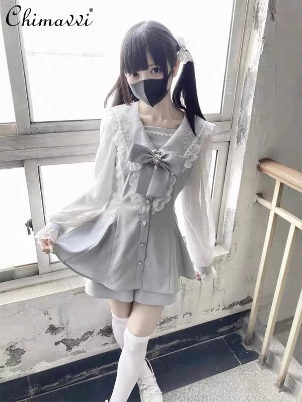 

Japanese Lace Navy Collar Sc Set Sweet Girl Mesh Long Sleeve Big Bow Mass Production Water Color Dress + Shorts Lolita Sets
