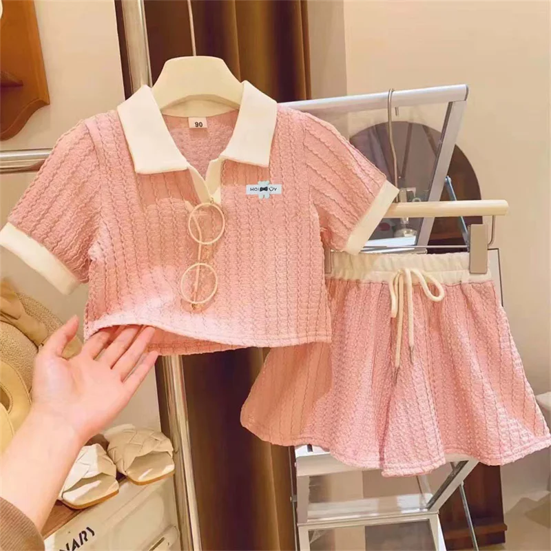 Girls Loose Sets Children Summer Short-sleeve T-shirt Suit Casual Thin Kids Turn-down Tops+Shorts 2Pcs Outfits Toddler Clothing