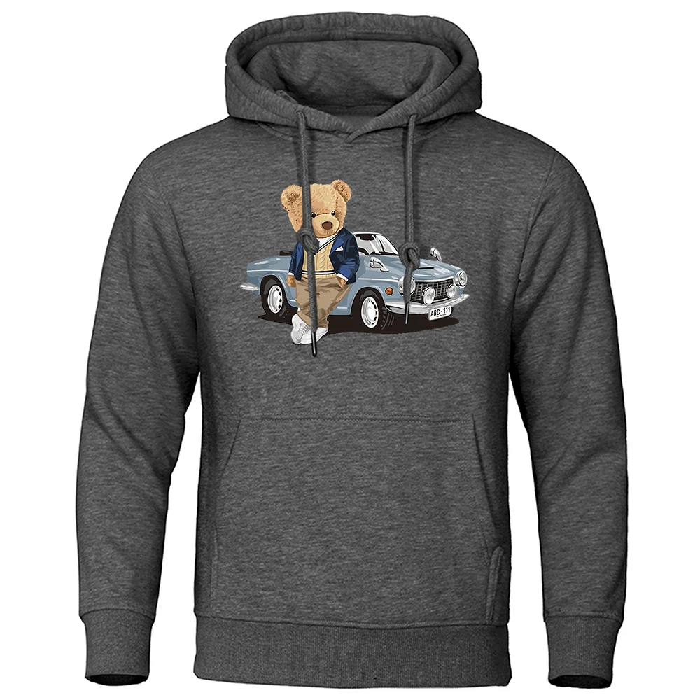 Gentleman Ted bear In A Vintage Sports Car Mens Hoodies Hip Hop Street Pullover O-Neck Fashion Hoody Cartoons Loose Sweatshirt