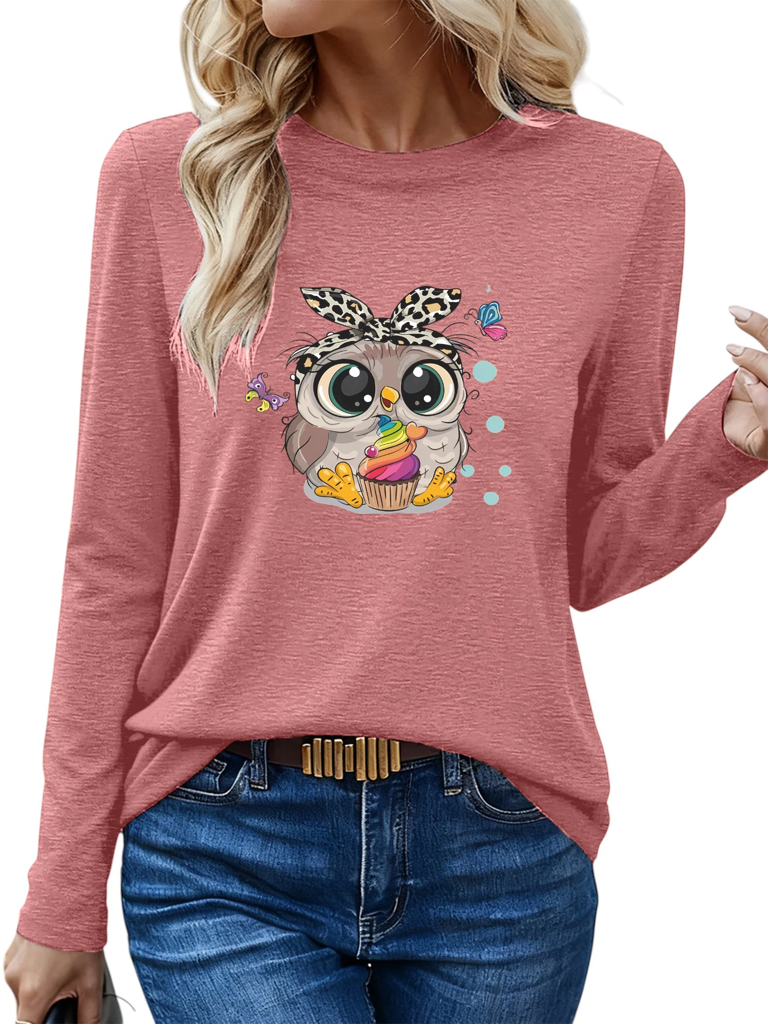 

Women's Owl Graphic Print Round Neck Long Sleeve Loose Fit Comfortable Casual Daily Fashion T-Shirt Top