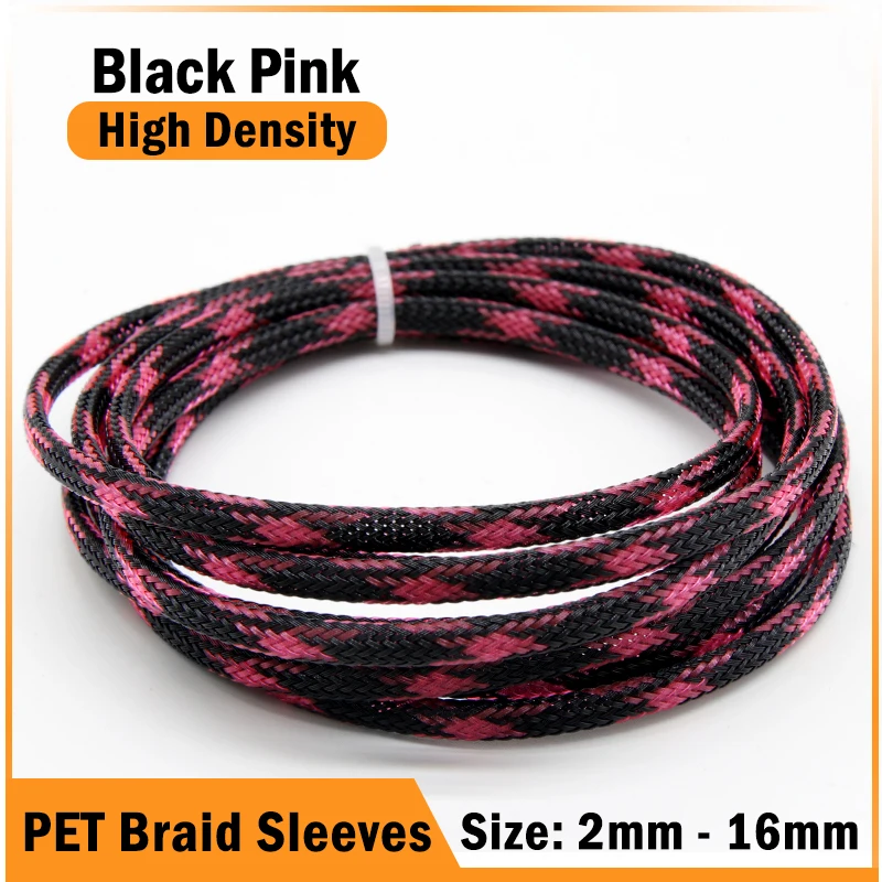 1/5/10/50m Black Pink PET Braid Sleeve 2/4/6/8/10/12/16mm High Density Sleeving Snake Skin Cable Wrap Sheath For Electric Cables
