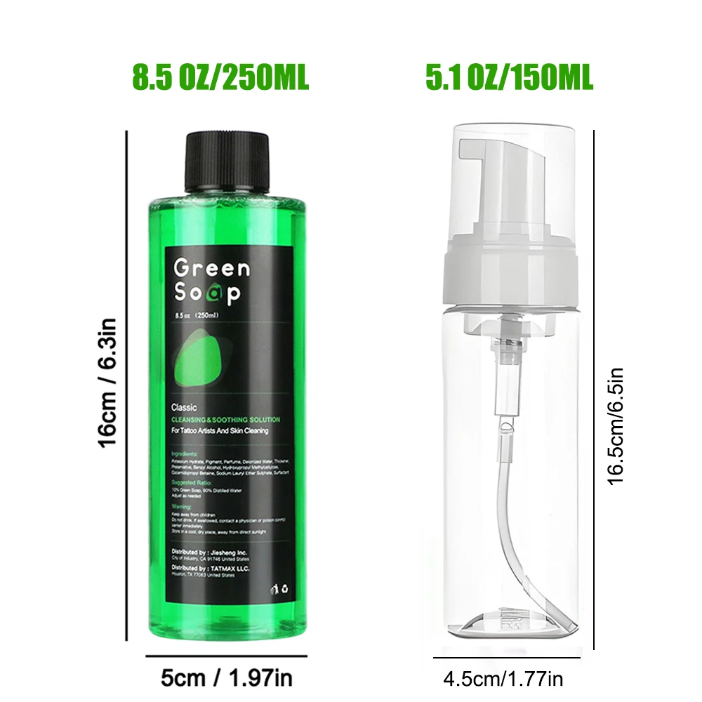 250ml Ultra Concentrated Tattoo Green Soap with Plastic Foam Pump Bottle Kit, Professional Skin Cleanser for Tattoos & Piercings