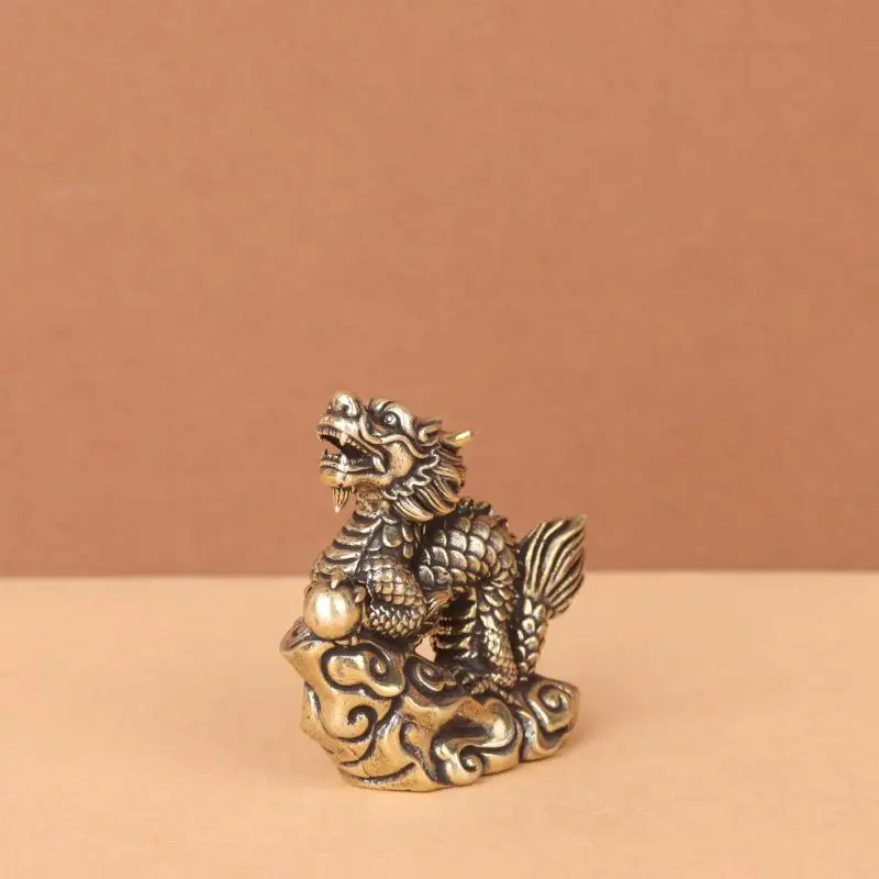 Antique Brass Dragon Statue Ornament, Zodiac Animal Feng Shui Figurine for Office and Home Decoration