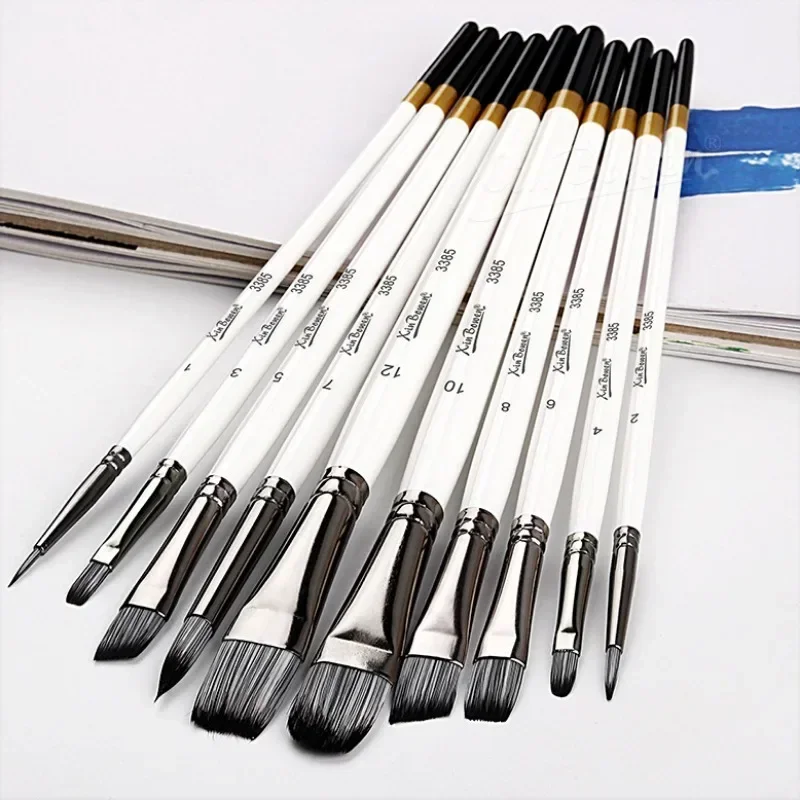 10Pcs Nylon Hair Painting Brushes Black Aluminum Tube Wood Rod Brush Set Acrylic Gouache Oil Watercolor Painting Drawing Brush