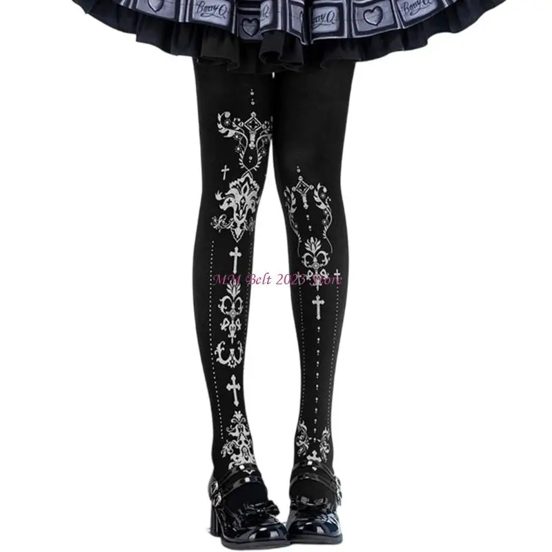 49ME Women's Crosses Print Opaque Tights Stockings Gothic Aesthetic Pantyhose Hosiery
