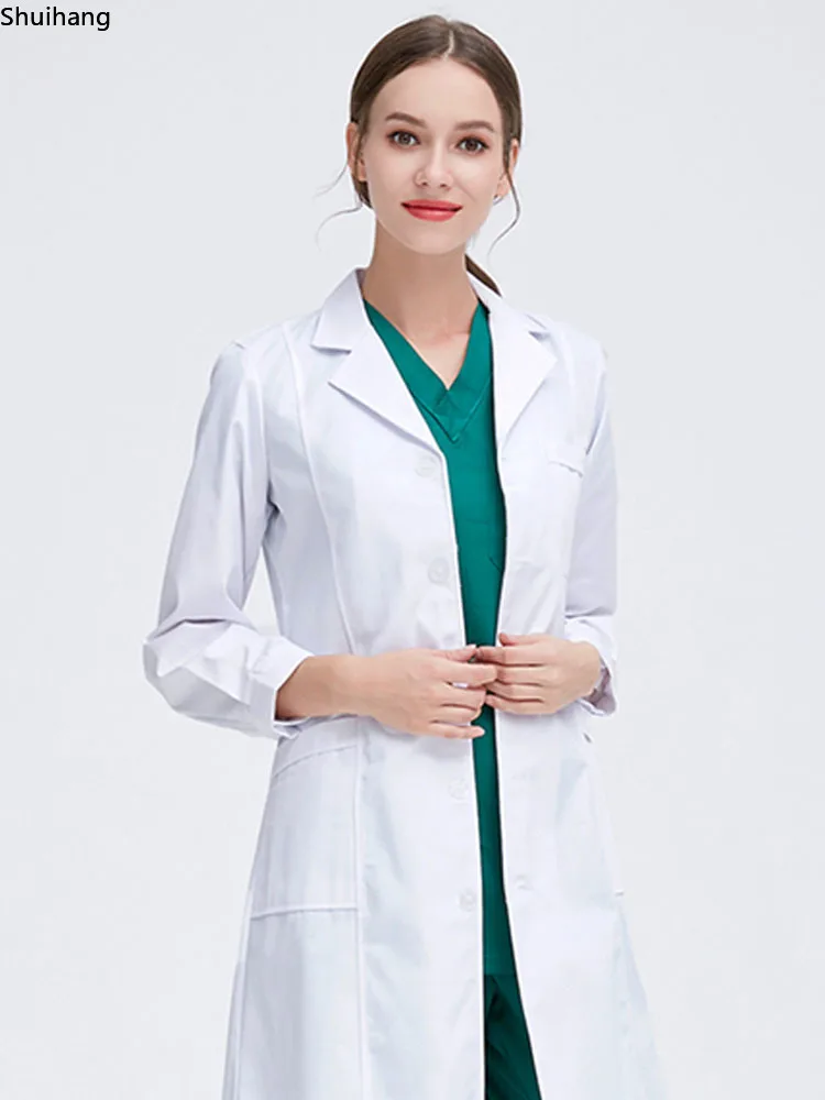 Casaco branco de manga comprida para médico, feminino e masculino, enfermeira desgaste, enfermeira desgaste, manga curta, slim, pano de trabalho experimental, inverno