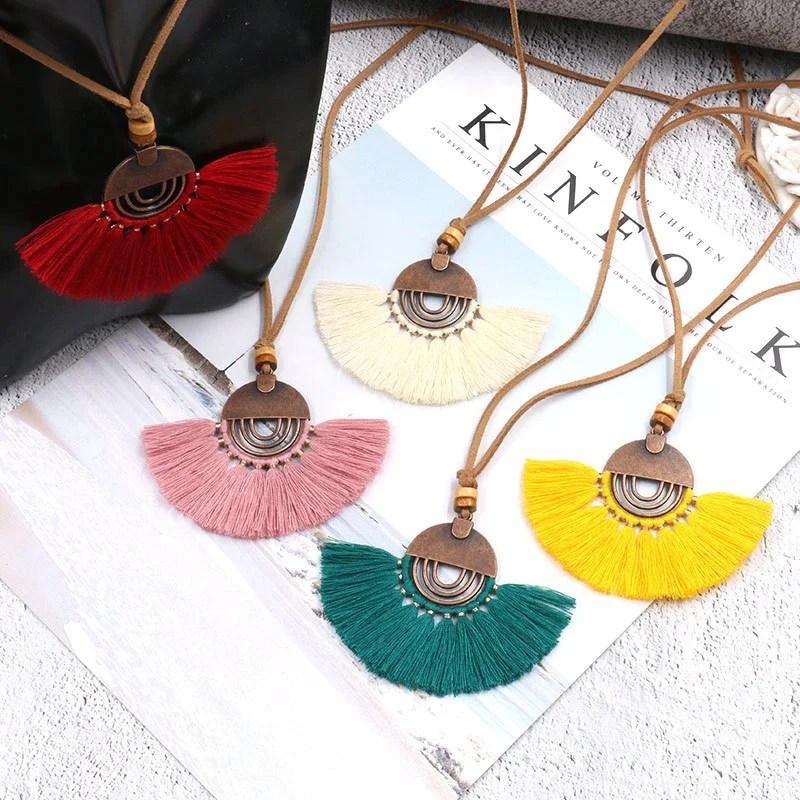 SUMENG 2024 New 9 Color Ethnic Long Leather Necklaces Bohemia Round Hollow Tassel Necklace For Women Vintage Charm Sweater Chain