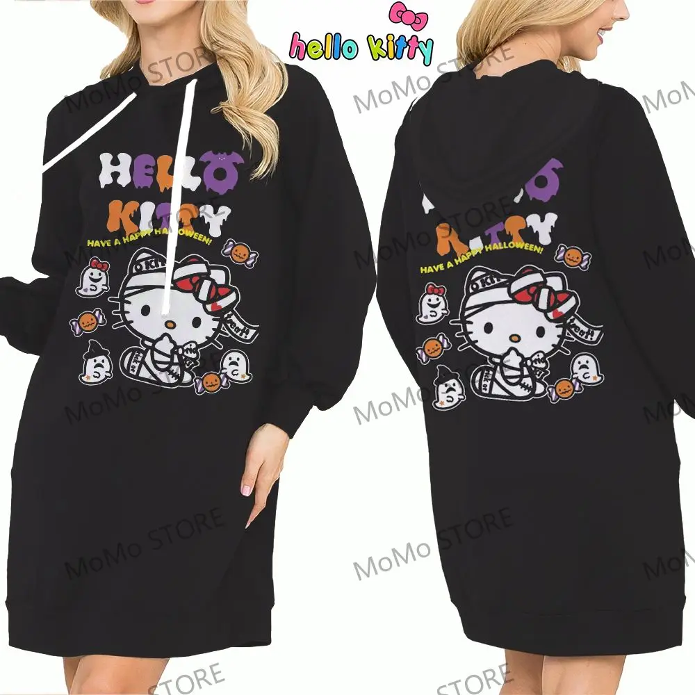 Autumn Anime Women\'s Hoodie Dress Hello Kitty Sweatshirt 2024 Kawaii Sweatshirts Y2k Long Sleeve Hoodies Winter Streetwear S-3XL