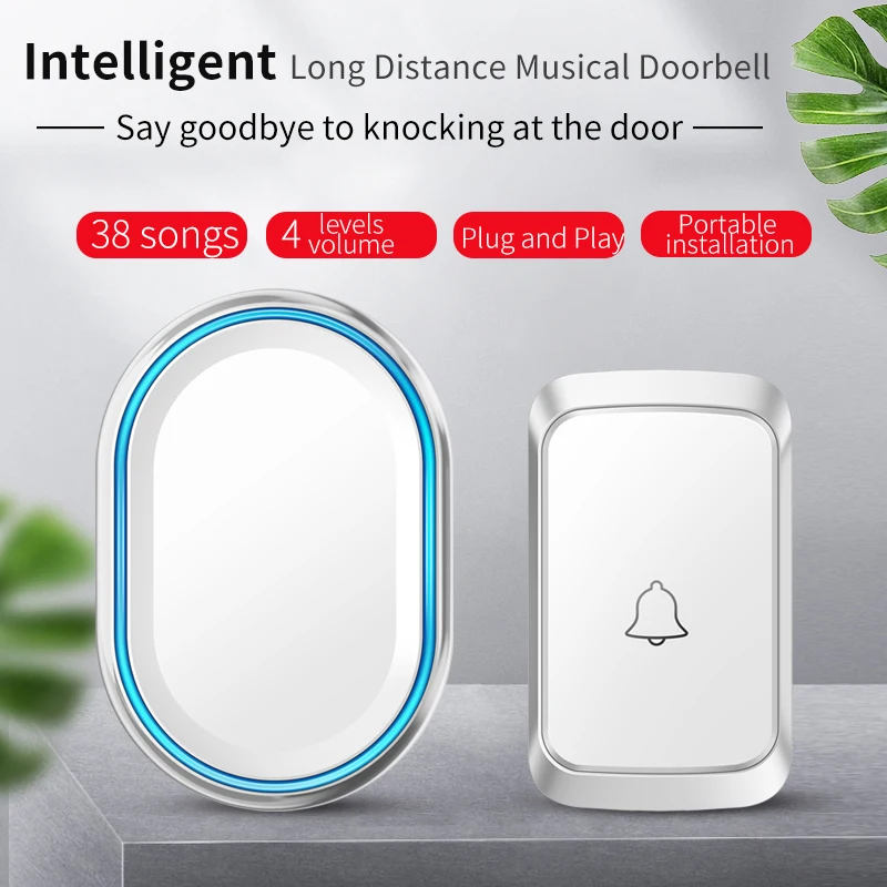 CACAZI Wireless AC Doorbell Sets for Smart Home LED Flashing Light 300 Meters Long Range 38 Ringtones Outdoor Door Chime Kit Hot