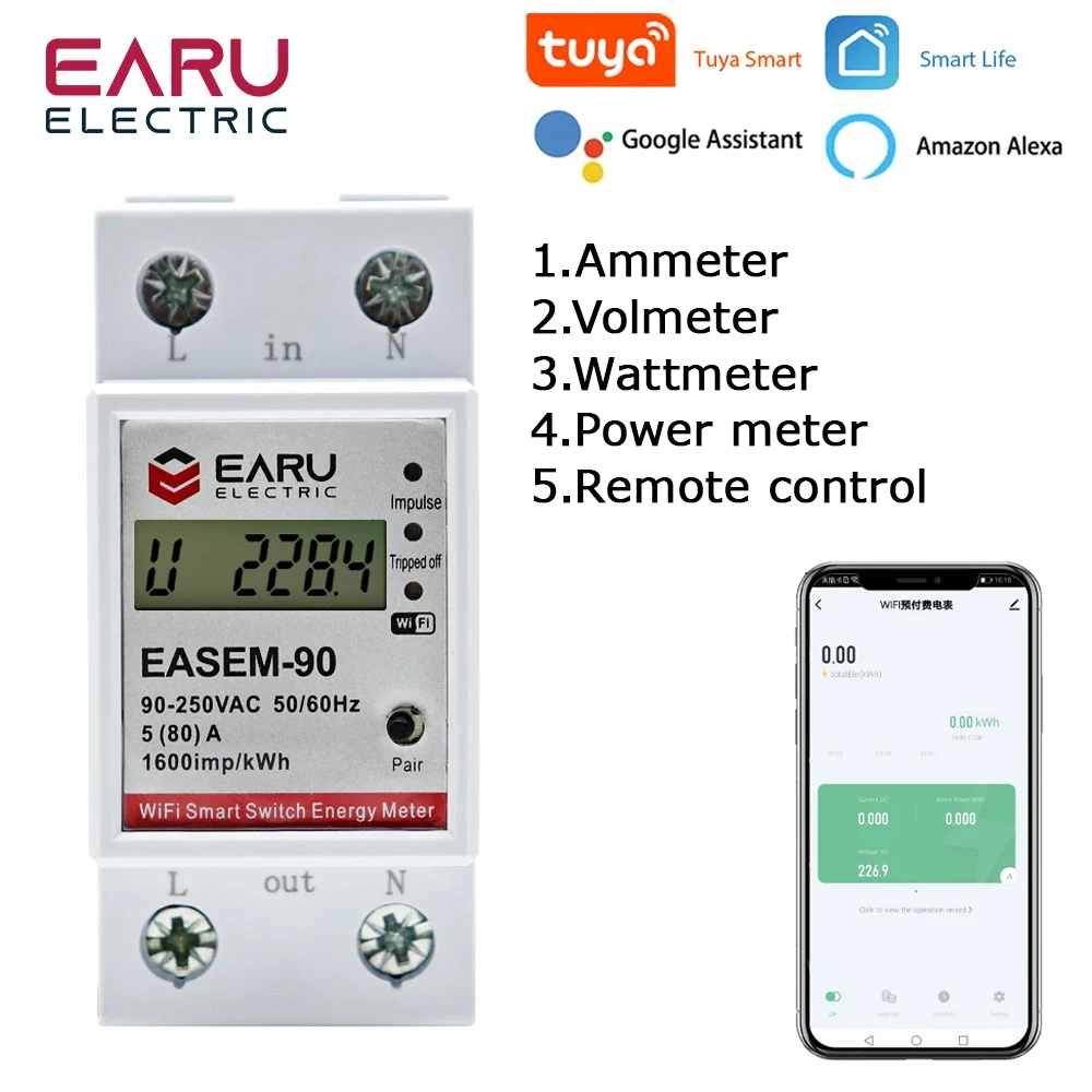 Tuya Wifi Inteligente Disjuntor Energia de Energia Temporizador Kwh Tensão Atual Medidor Protetor de Voz Interruptor Controle Remoto ac 220v 80a