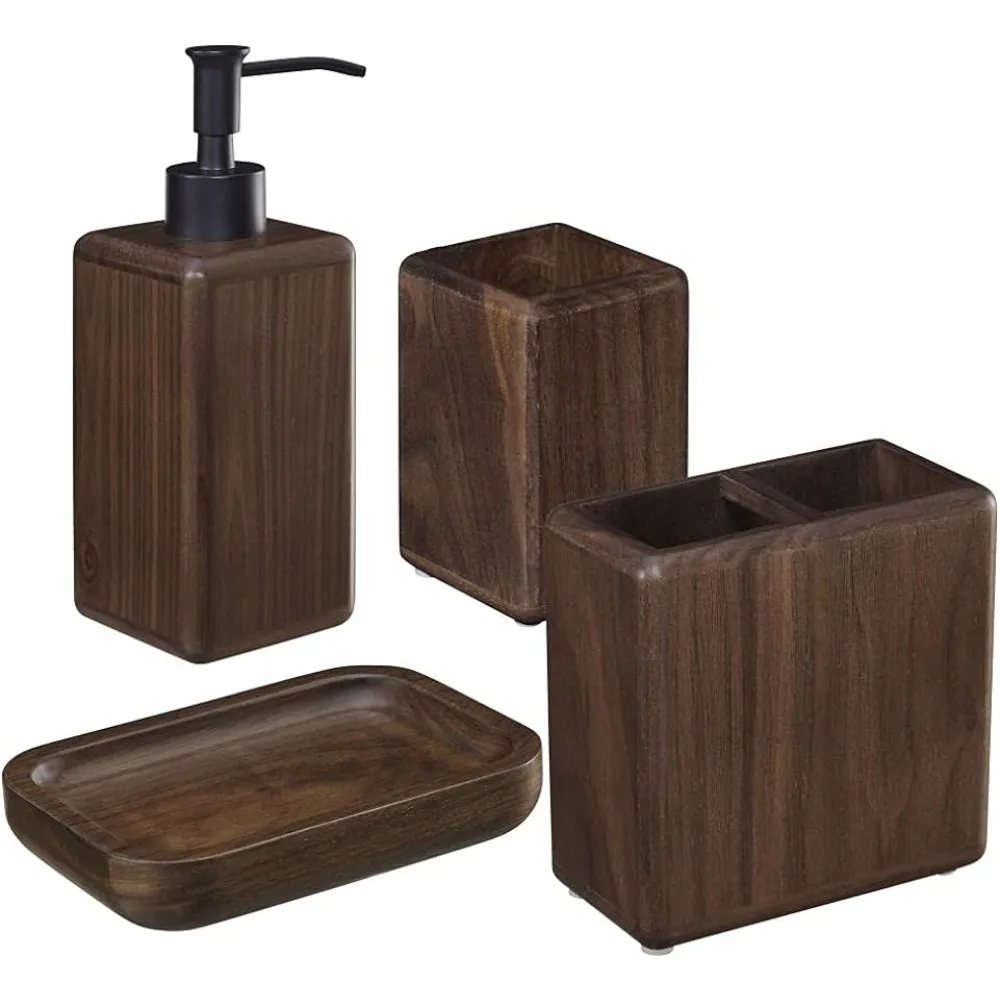 

4-Piece Wood Bathroom Vanity Countertop Accessory with Soap Dispenser, Toothbrush Holder, Bathroom Tumbler and Soap Dish