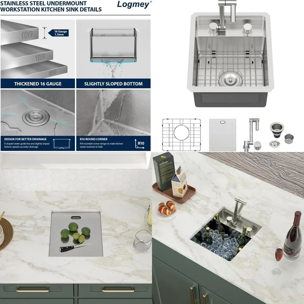 

15 Undermount Outdoor RV Kitchen Sink, 15x17 Stainless Steel, Single Bowl, Foldable Faucet, Cover Included