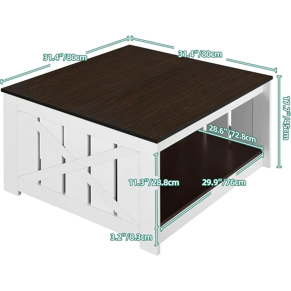 Mesa de centro de fazenda com armazenamento, mesa de coquetel de madeira rústica, mesa de centro quadrada para sala de reuniões