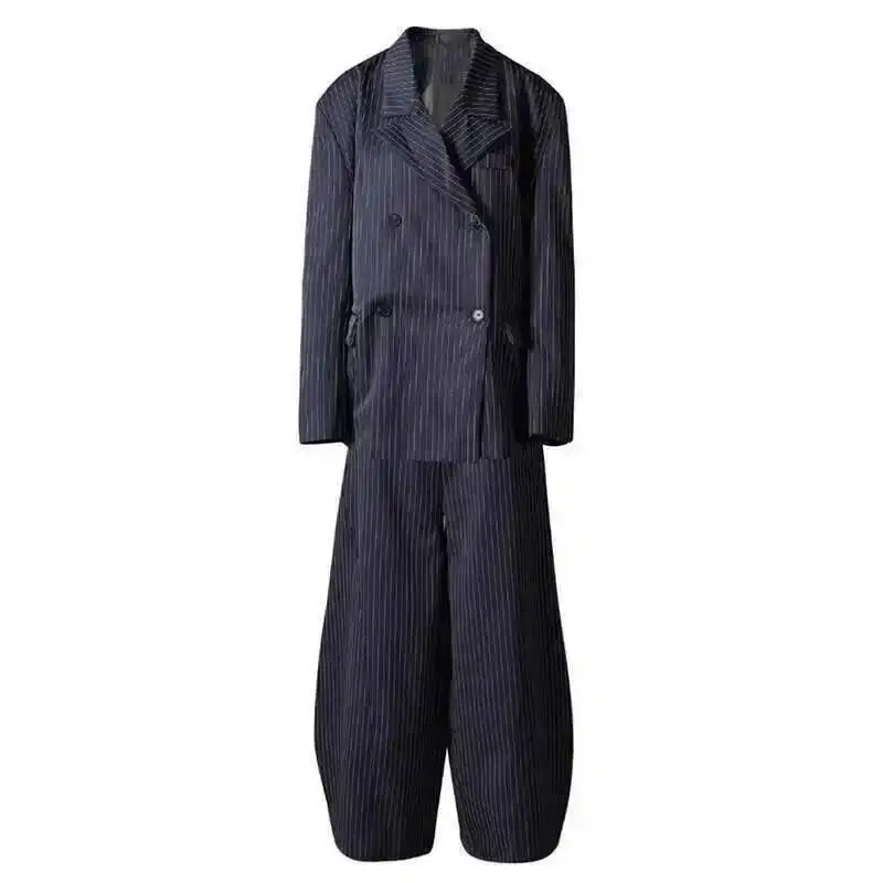 

HUISONG Big Size Striped Blazer Set Wide Leg Pants Two Piece Suit New Lapel Long Sleeve Women Fashion Tide Spring Autumn 2025
