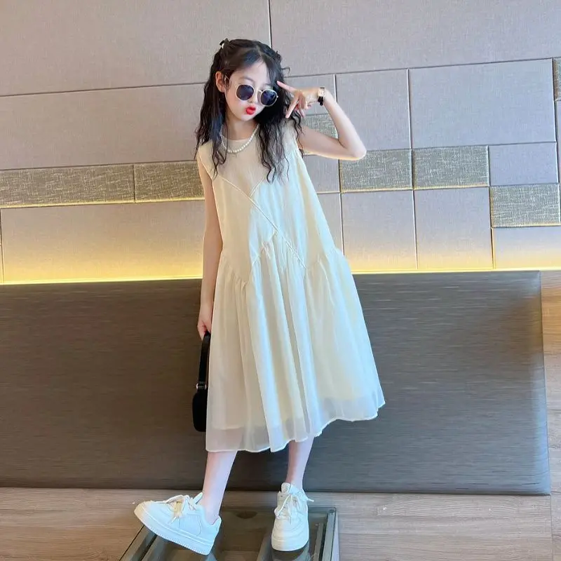 Summer White Sleevesless Lace Mesh  Dress Elegant Child Little Girls Clothing Children Dress For Teens Party Princess Sundress