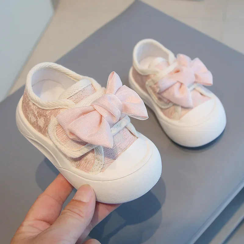 Baby Kids Canvas Shoes Toes Capped Girls Walking Shoes with Big Bow 2025 New Fashion Kids Princess Shoes Non-slip Soft Sole