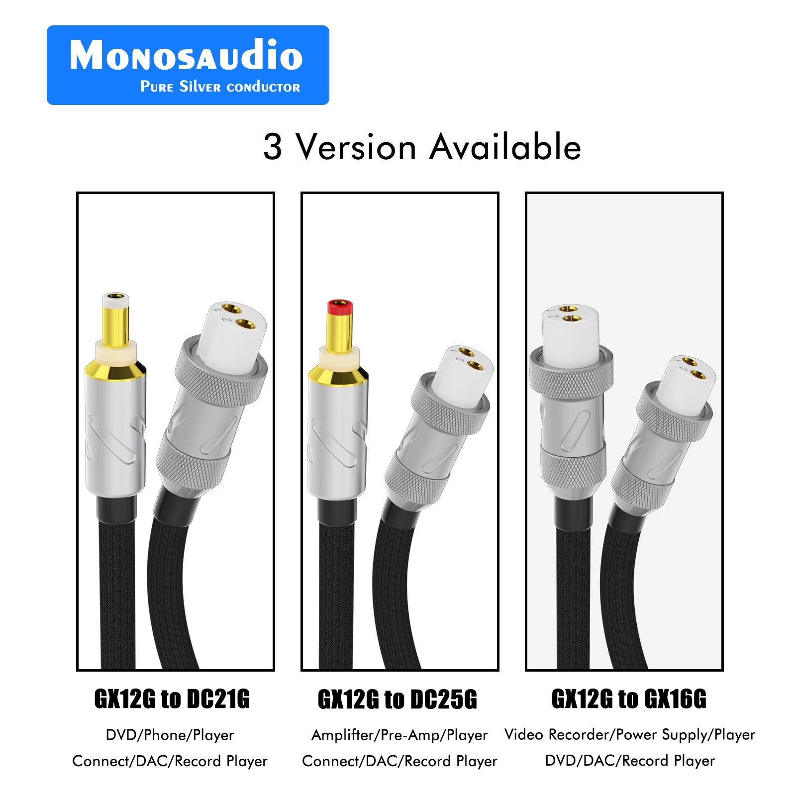 

Кабель питания Monosaudio GX12G - DC25, 125В 7А, для фоноусилителя, линейный, с разъемом из чистого серебра 99.9998%, AC/DC