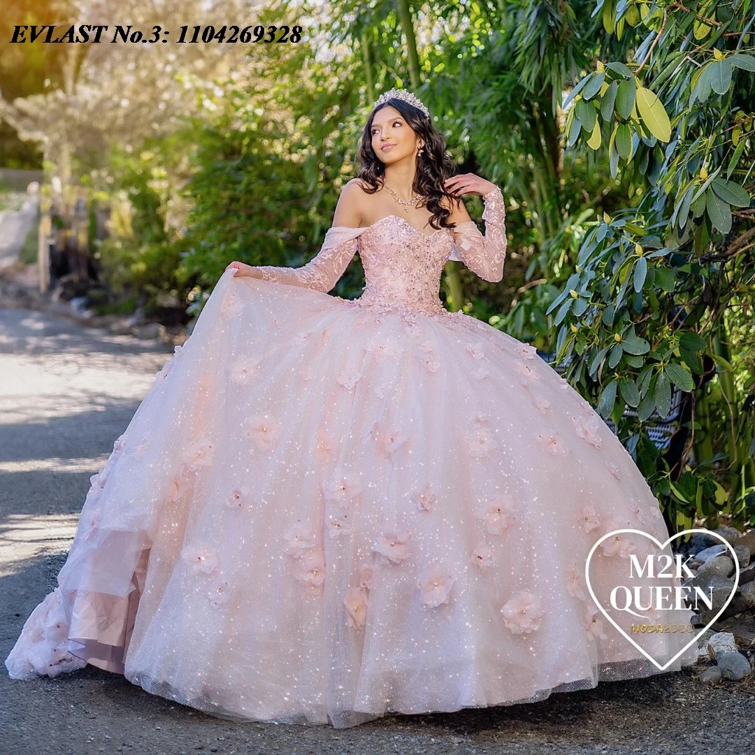 

EVLAST Customized Pink Off Shoulder Quinceanera Dress Ball Gown Floral Applique Beaded Corset Sweet 16 Vestidos De 15 Anos E3Q03