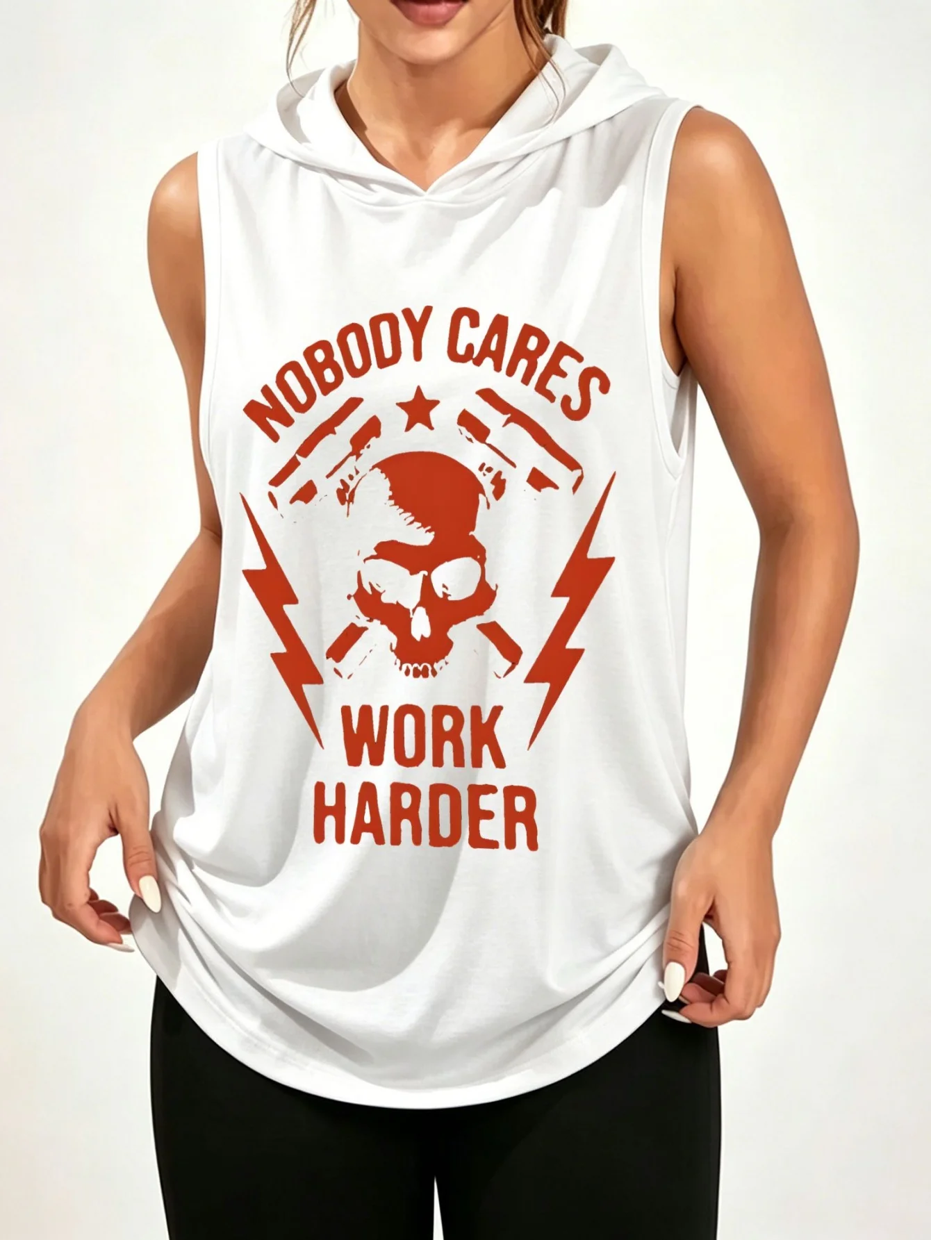 Unisex Nobody Cares Work Harder Skull Print Sleeveless Hooded Tank Top Motivational Gym Punk Casual Hood Vest
