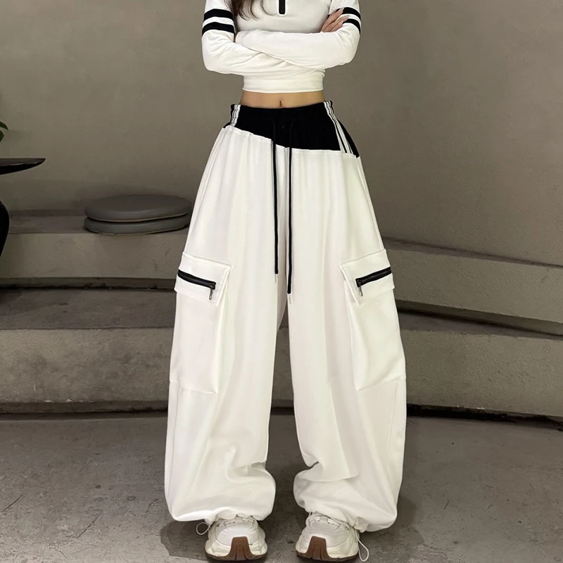 Streetwear Loose Patchwork Trouser Women Autumn Chic Casual Pocket Cargo Pant High Waist Hip Hop Oversize Lace Up Wide Leg Pant